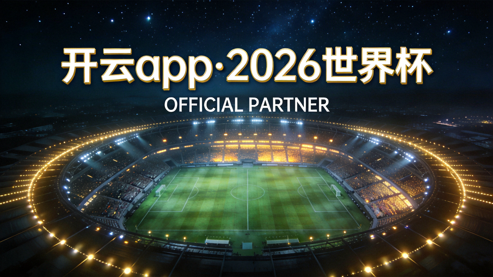 开云app 2026世界杯官方海报风格背景，宏大足球赛场鸟瞰图，绿茵场与灯光交织出暗夜氛围