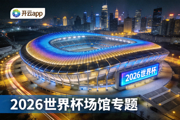 开云app 2026世界杯场馆专题新闻配图，现代化大型体育场夜景灯光璀璨，展现主办城市风貌